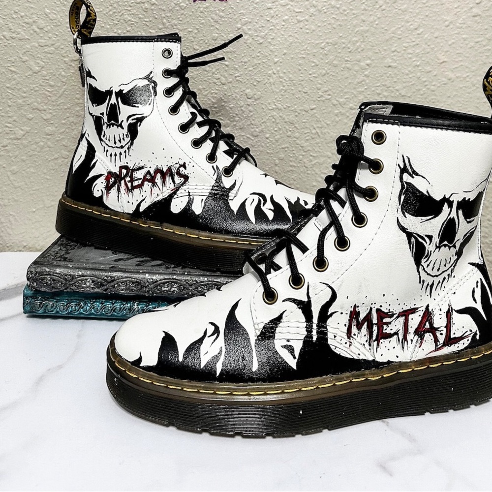 Hand Painted Skull Themed Dr. Martens Zavala Boots, W7/M6, NEW